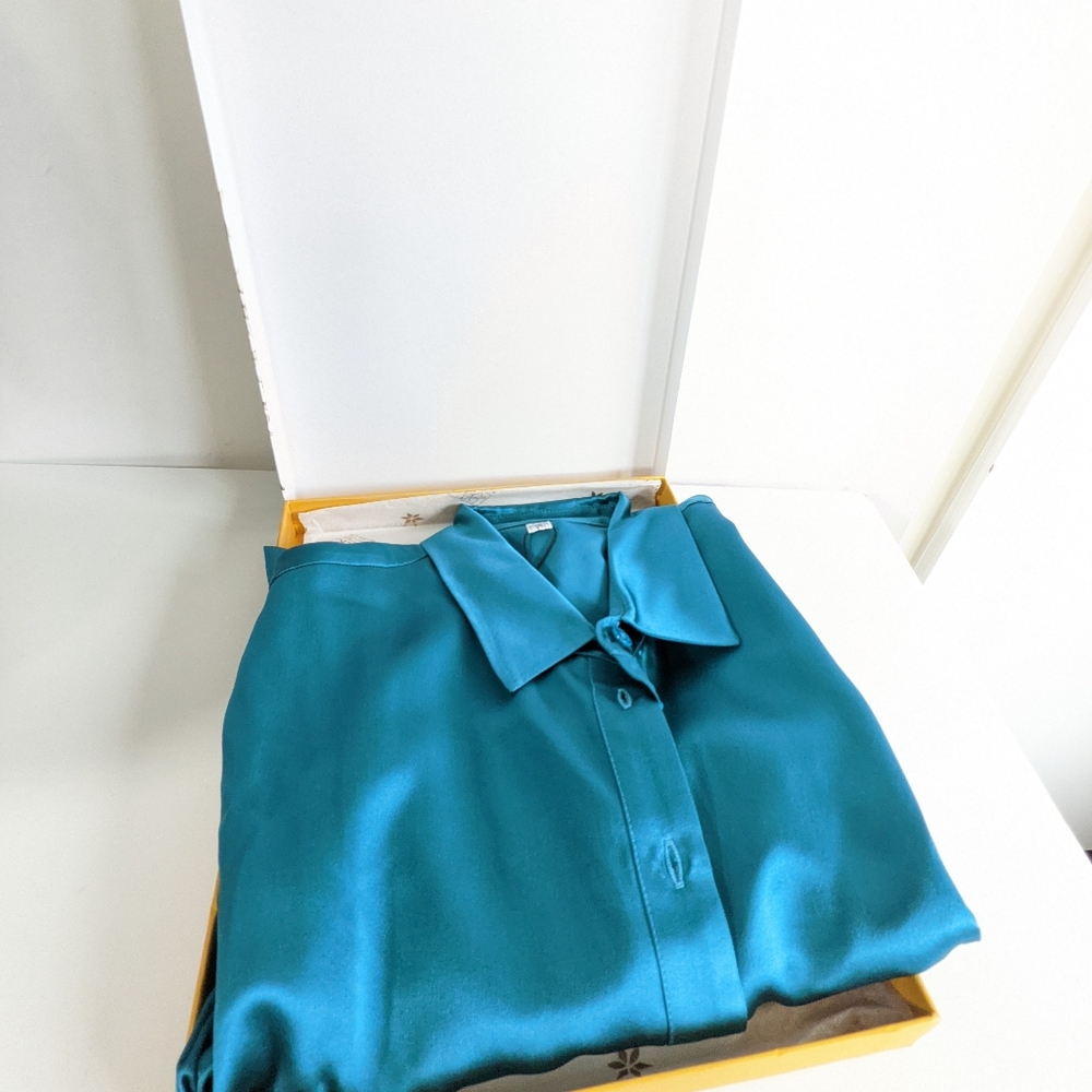 LilySilk teal silk blouse buttondown XS NIB - Picture 6 of 9